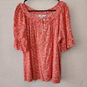 Vineyard Vines Blouse Top Womens XL Ruffled Short Sleeve Fish Coral